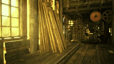 Quiet industrial workshop illuminated softly by sunlight through windows Stock Footage 338342359