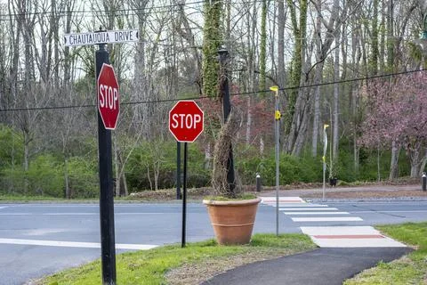 Quiet Intersection with Stop Signs in Mount Gretna PA Stock Photos
