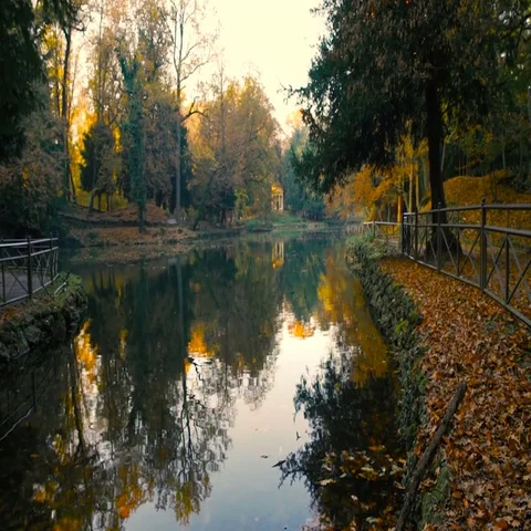 Quiet lake and classical temple at sunsrise in autumn Stock-Footage 69556625