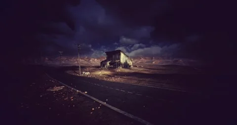 Quiet late night drive approaching illuminated cabin scene with reflections 動画素材 333558180
