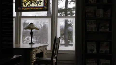 A quiet library desk by a wintry window Stock Footage 221141704