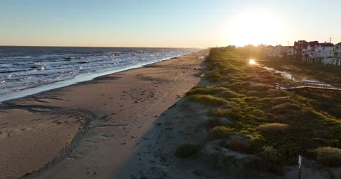 Quiet Lonely Beach at Sunset Drone Aerial View Galveston Texas USA Stock-Footage 335764272