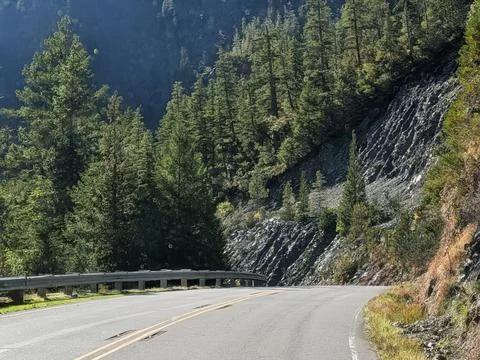 Quiet mountain road bends through dense greenery toward rocky terrain Photos