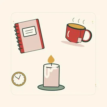 Quiet New Year reflection with tea and a journal. Decorative flat vector comp Illustrazione stock