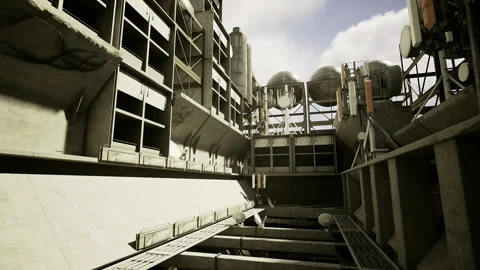Quiet open square bordered by industrial facilities and concrete partitions Stock Footage 333555200