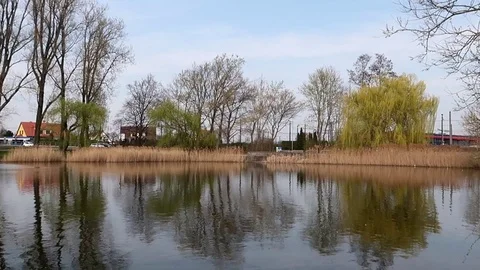 Quiet park overlooking the lake and the urban road traffic Stock Footage 105896832