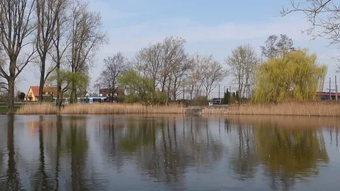 Quiet park overlooking the lake and the urban road traffic Stock Footage 105897264