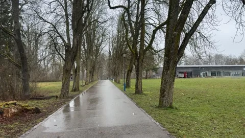 Quiet park pathway with trees and water on a cloudy spring day Stock Footage 331824478