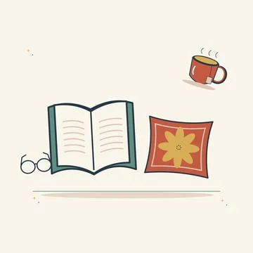 Quiet reading corner with a cozy cushion. Decorative flat vector composition  Stock Illustration