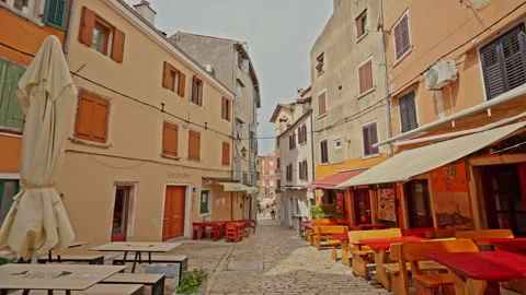 Quiet Restaurant Square in Rovinj Old Town, Croatia, Istria Stock Footage 340613311