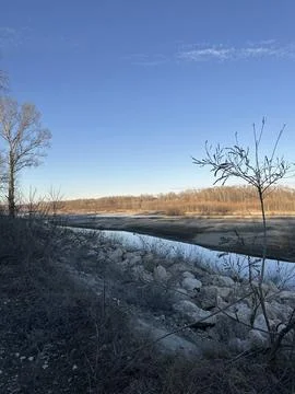 Quiet River Bend with Bare Trees Under Clear Winter Sky Stock-Fotos