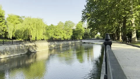 Quiet river flows gracefully through a sunlit city park embankment Stock Footage 336936735