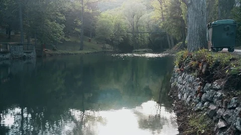 Quiet river through the mountain. bridge in the distance in the summer time Vídeo Stock 108727968