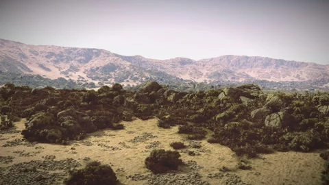 Quiet rolling terrains beneath shrouded mountain silhouettes creating serenity Stock Footage 335102047