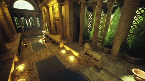 Quiet sanctuary corridor with shimmering lights and towering structures Stock Footage 340339419