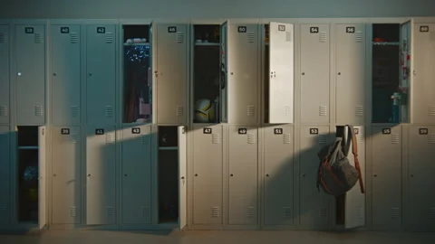 Quiet School Hallway Lined With Metal Lockers Before Students Arrive Stock Footage 342021764