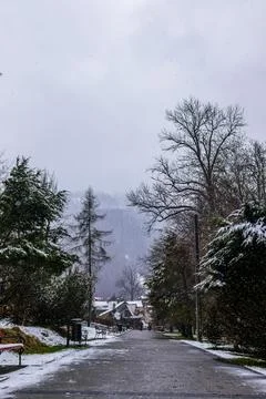 Quiet Snowy Park Path Leading Through Winter Village Landscape Foto stock