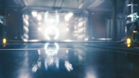 Quiet space station hallway featuring metallic walls and distant hatch Stock Footage 331397423