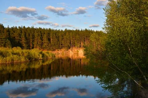 Quiet spring evening on the forest river. Stock Photos