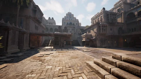 Quiet square with raised platforms and balanced architectural elements Stock Footage 331400362