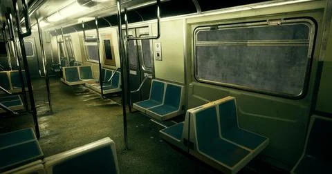 Quiet subway train interior with empty blue seats during early morning Stock Illustration
