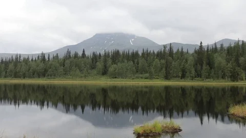 Quiet tranquil mountain lake. Reflection of green peaks in water Видео 93954194