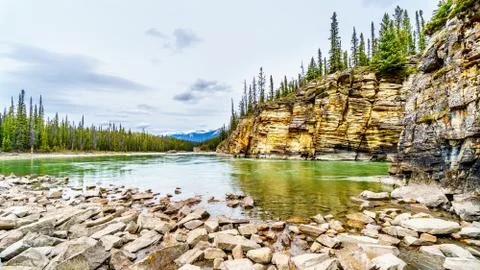 The quiet turquoise water of the Athabasca River in Jasper National Park Stock Photos