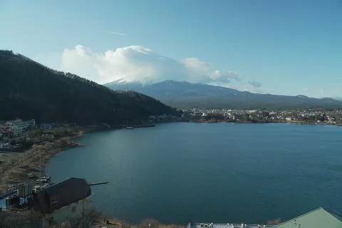 Quiet View of Mount Fuji Framed by a Window Overlooking Kawaguchi. Stockfoto's
