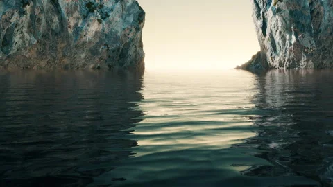 Quiet water reflects cliffs and sky at dusk in a secluded bay Stock Footage 340995486