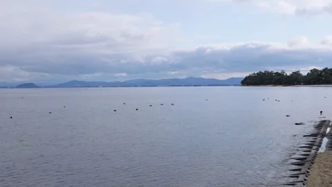 Quiet Winter Lake Under Cloudy Sky with Distant Mountains Stock Footage 328444571