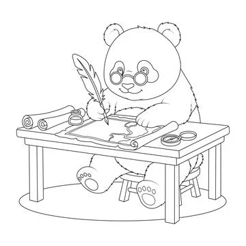 Quill ink cute bear parchment vector page cartographer panda drawing map art Stock Illustration