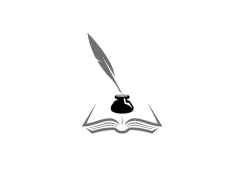 Quill inside an inkwell in the papers on an open book, Feder und Buch mit Tin Stock Illustration