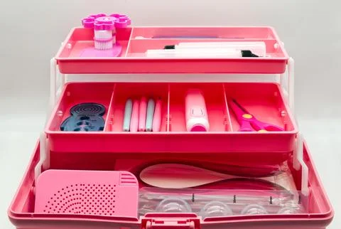 Quilling tool box isolated on white background. Barbie Pink Box Stock Photos