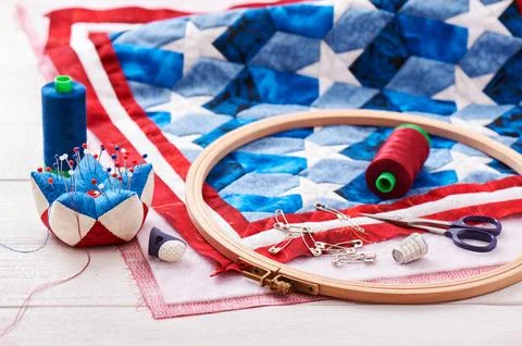 Quilt assembly with stylized elements of the American flag Stock Photos