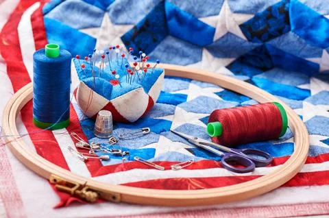 Quilt assembly with stylized elements of the American flag Stock Photos