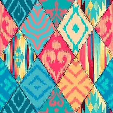 Quilting design patchwork pattern. Traditional ikat fabric style. Vector Stock Illustration