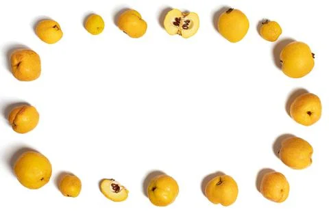 Quince frame isolated on a white background. Yellow ripe quince. Fresh juicy  Stock Photos