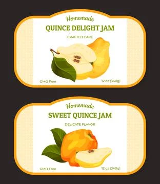Quince Fruit Jam Label Design with Ripe Crop Vector Template Stock Illustration