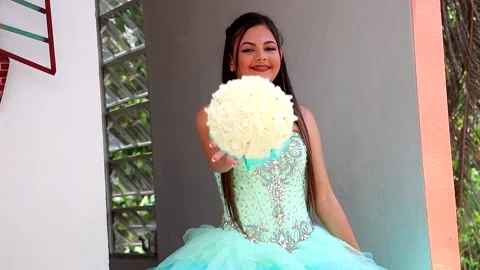 Quinceanera Throwing Bouquet of Flowers Stock Footage