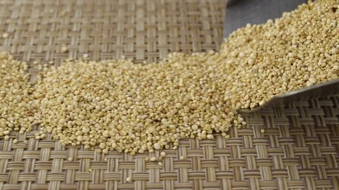 Quinoa grains fall out of a metal scoop Stock Footage 123713598