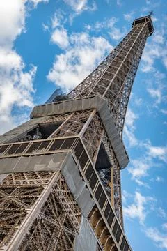 Quirky angle looking up at the Eiffel Tower, Paris Stock Photos