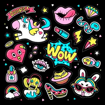 Quirky Cartoon Patch Badges 스톡 일러스트