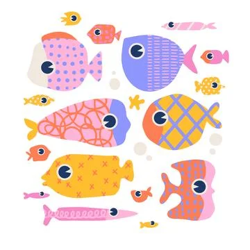 Quirky fish set with geometric patterns. Hand drawn colorful abstract sea 스톡 일러스트