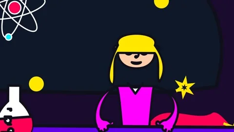 Quirky Science Animation With Characters Atom Symbol And Flask Stock Footage 341399597