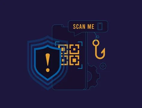 Quishing scam or QR code phishing uses fake codes to steal data. Secure QR Stock Illustration