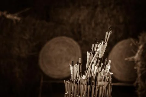 Quiver of arrows in front of straw targets Stock Photos