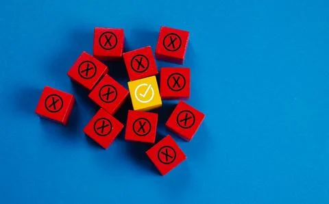 Quiz and answer focus choice concept. Correct and wrong check mark on blue cu Stock Photos