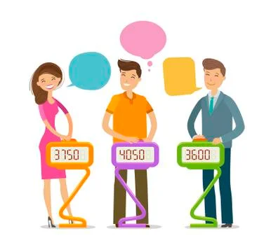 Quiz show, answer question. Players stand and press button. Cartoon vector Stock Illustration