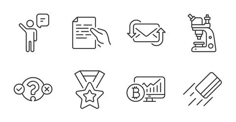 Quiz test, Refresh mail and Microscope icons set. Agent, Winner ribbon and Stock Illustration