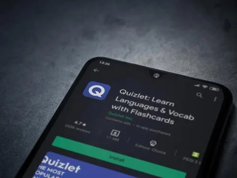 Quizlet - Language learning app play store page on the display of a black mob Stock Photos